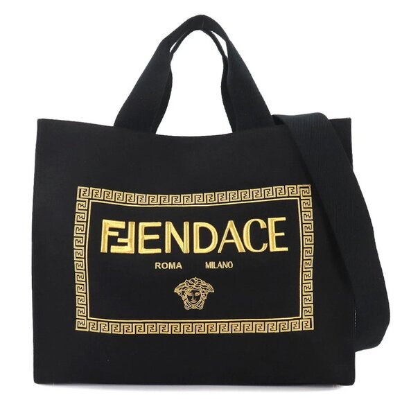 FENDI FENDACE 2way Tote Shoulder Bag Canvas Black Gold 7VA558 90249974 - Picture 1 of 11